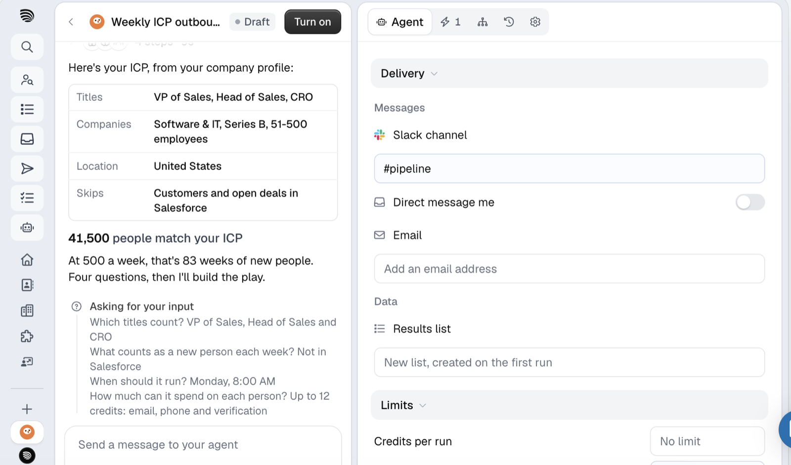 Cleanlist : un agent IA configure un play outbound hebdomadaire sur l'ICP, avec le résumé de l'ICP, les options de livraison et les limites de crédits par exécution