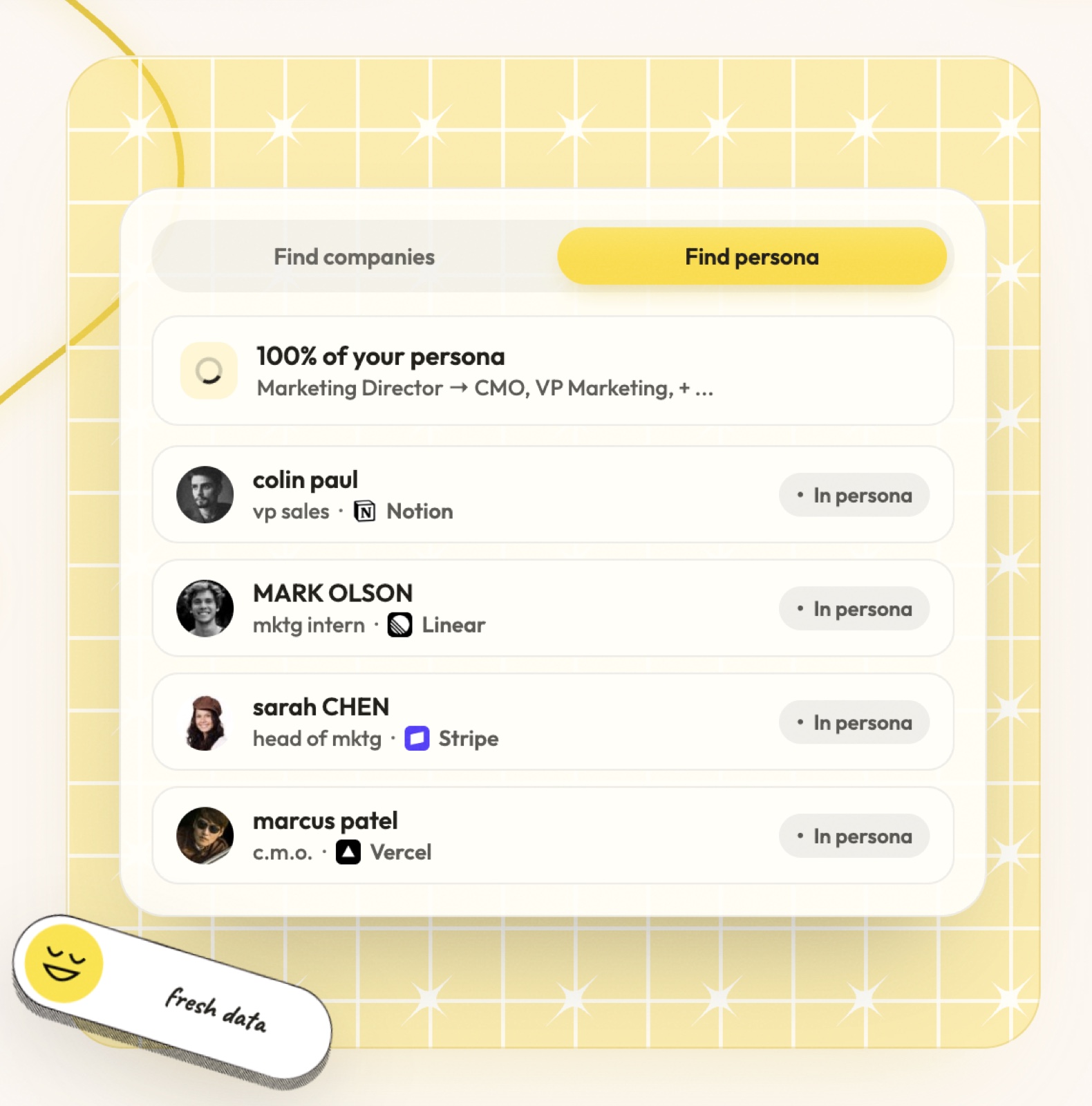 Pipecorn : recherche par persona avec les onglets « Find companies » et « Find persona », et les contacts correspondant au persona Marketing Director