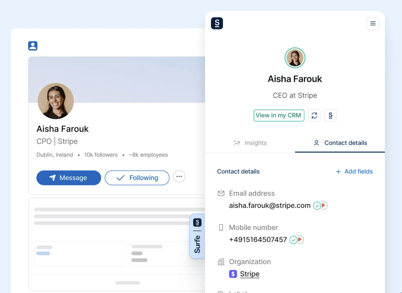 Surfe : extension de navigateur ouverte sur un profil LinkedIn, révélant l'adresse e-mail et le numéro de mobile vérifiés du contact avec un bouton « View in my CRM »
